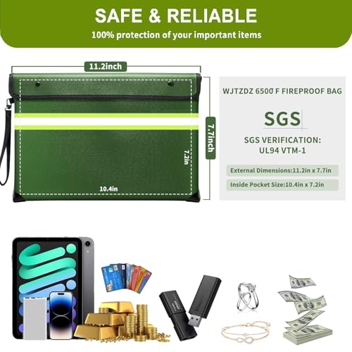 Deep Green Fireproof Money Bag - Up to 6500°F Heat Insulated Storage, 10-Layer Protection, Waterproof & Portable