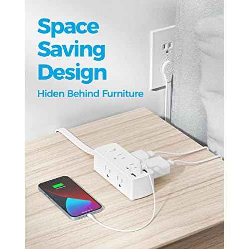 Power Strip Surge Protector, Olcorife Ultra Thin Flat Plug Extension Cord 5ft, 6 Outlets 3 USB Ports(1 USB C), 3 Sided Outlet Extender for Home Office Travel Dorm Room Essentials, White
