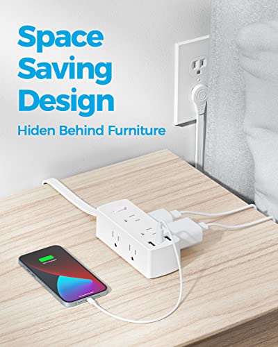 Olcorife 5FT Flat Plug Power Strip with 6 Outlets & 3 USB Ports - White, 5FT Extension Cord, 3-Sided Design