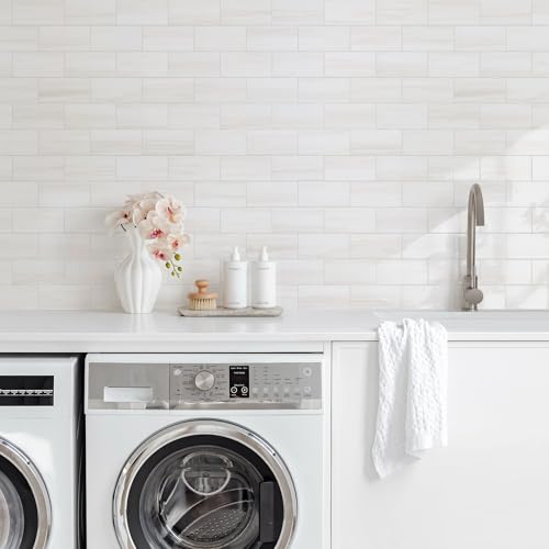 Vamos Tile 100-Piece Glossy Dolomite White Peel & Stick Backsplash Tile - 3x6 inch, DIY Kitchen & Bathroom Wall Covering