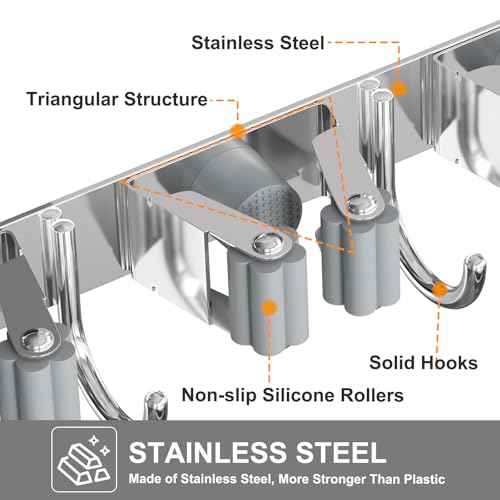 Broom Holder Wall Mount, Broom Organizer Wall Mount Stainless Steel Broom and Mop Hanger Heavy Duty Storage Organization for Home Kitchen Garden Garage Room 5 Racks 4 Hooks