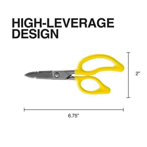 Klein Tools 26001 Electrician Scissors, Made in USA, 6.75-Inch All-Purpose Heavy-Duty Snips, Cable Cutting Notch, Serrated Blades, Deburr Notch, Wire Stripper