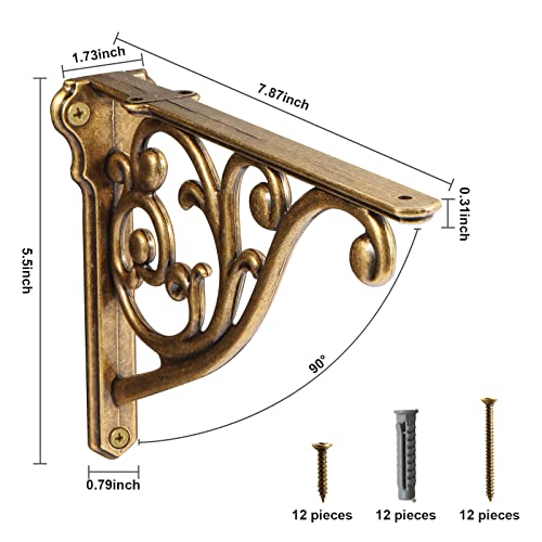 KHTUMEWARE Antique Brass 8-Inch Heavy Duty Wall Shelf Brackets 4-Pack - Victorian Style