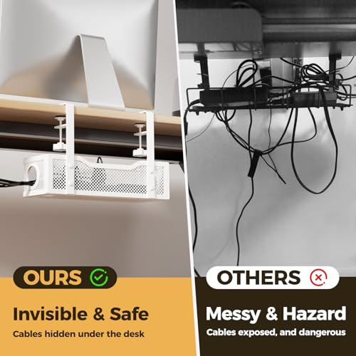 Cinati White Under Desk Cable Management Tray 13.4" Metal Cord Organizer - No Drilling, 1 Pack