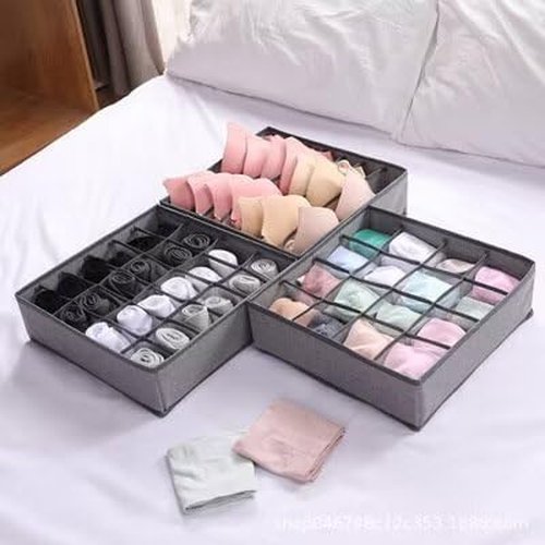 Underwear Drawer Organizer Set – Grey Collapsible Storage Boxes with 7 Compartments for Bras, Socks, and Ties – Made of Oxford Fabric with Sturdy Plastic Frame