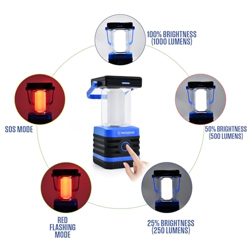 Westinghouse Solar Rechargeable Camping Lantern - 1000 Lumen LED, IPX4 Water-Resistant, 5 Modes, USB-C & Solar Power