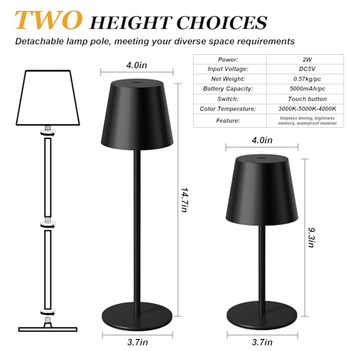 Black Matte Rechargeable Cordless Table Lamp Set with Touch Control & 3 Color Modes