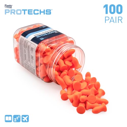 Flents Protechs Foam Ear Plugs, Contoured for Comfort, Ideal for Work with Loud Noise, Heavy Machinery, Construction, Studying & Traveling, NRR 32, Orange, Easy to Use, Made in The USA, 100 Pair