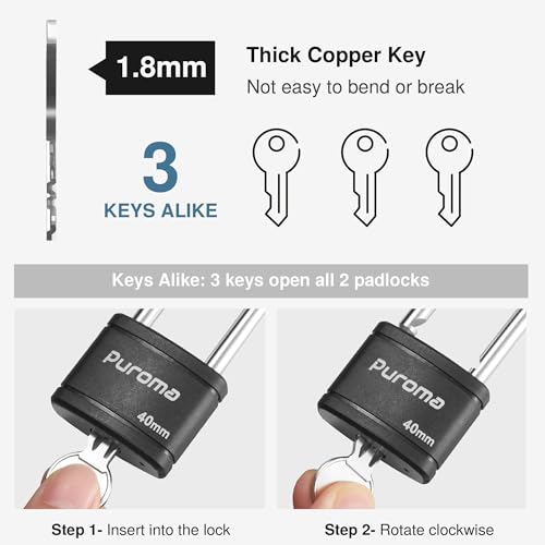 Puroma 2.5 Inch Keyed Padlock Set with 3 Keys, Durable Lock for Gym Locker & Gate
