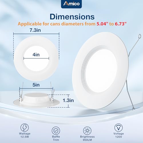 Amico 6 Inch White LED Recessed Lighting Kit 5CCT Dimmable Retrofit Can Light
