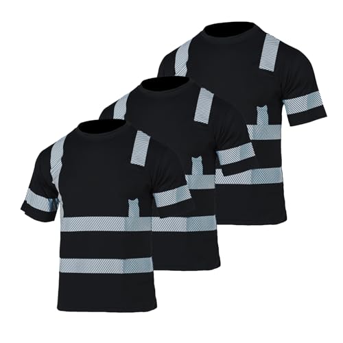 VENDACE Safety Shirts for Men 3 Pack High Visibility Reflective Hi Vis Short Sleeve Work Shirt Black (Black,L)