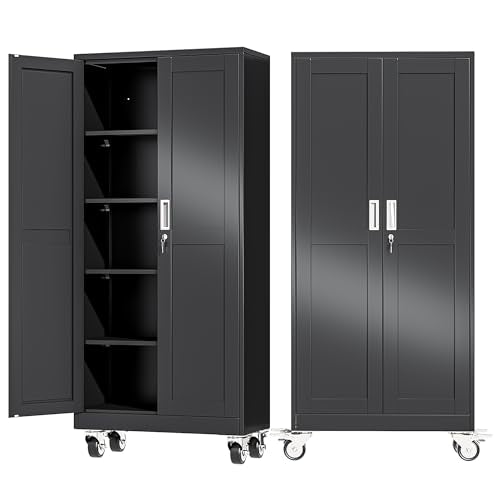 Ckzbx Metal Garage Storage Cabinet with Locking Doors, 71" H, Rolling Tool Cabinet with Adjustable Shelves - Black