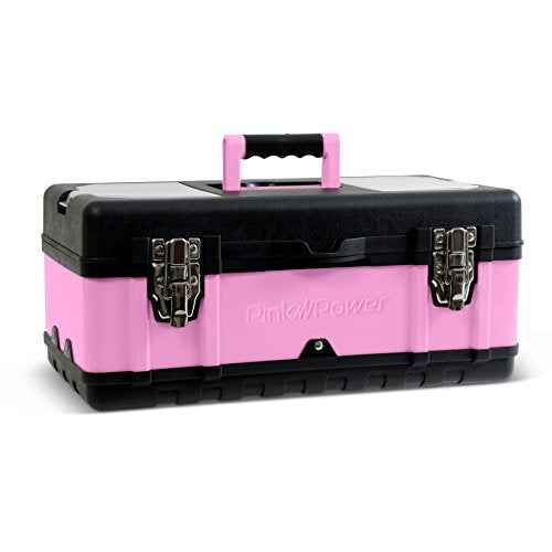 Pink Power Pink Tool Box for Women - 18" Small Metal & Plastic Portable Lightweight Locking Empty Toolbox Chest - Craft Tote Storage Case Organizer for Ladies Mini Tool Set Kit