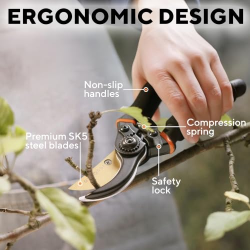 Gerossi Heavy Duty Bypass Pruning Shears 7-inch Garden Hand Pruners