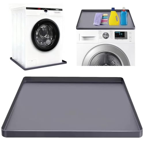 QSXVTR Grey 27x27 in Silicone Washing Machine Drain Pan with 0.79 in Raised Edge, Leak-Proof Non-Slip Floor Protector