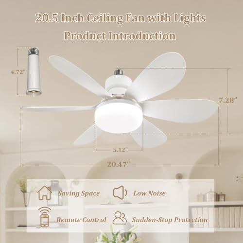 VTYXCTIGJ White 20.5-Inch LED Ceiling Fan Light with Remote, Dimmable E26 40W