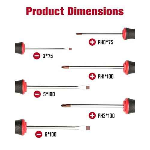 ROTATION 6PCS Magnetic Tip Screwdriver Set, 3 Phillips and 3 Flat, Red Tip | Red, Gloss, S2 Steel)