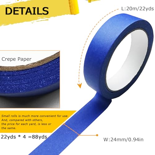 SmaringRobot 4 Rolls Blue Painter's Masking Tape - 0.94in x 22yd, No Residue, Indoor & Outdoor Use