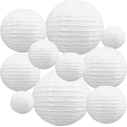 White Paper Lanterns Set of 10 - 4, 6, 8, 10, 12 Inch Hanging Decorations