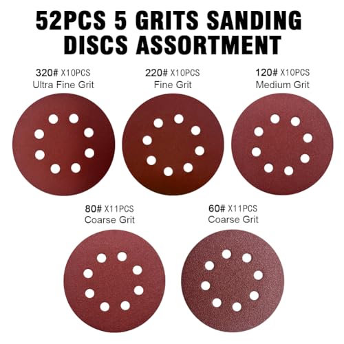 NOOKEYA 52 Pack Mixed Grit 5 Inch Sanding Discs for Orbital Sander, 60-320 Grits