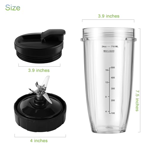 MEET JUICE 7-Fin Blender Cup & Blade Replacement Set for Ninja BL480/BL642—24oz Cups with Lids