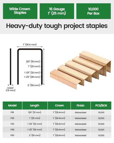 Meite 16 Gauge 1-Inch Wide Crown Staples - Heavy Duty Galvanized P-Type, 10,000 PCS
