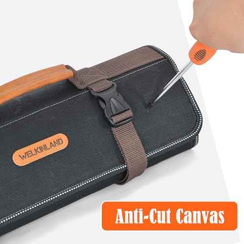 WELKINLAND 18-Pockets Waxed Canvas Tool Roll, Heavy-Duty tool bag roll, Waterproof tool roll up bag, 17" Canvas tool roll, Screwdriver roll up bag