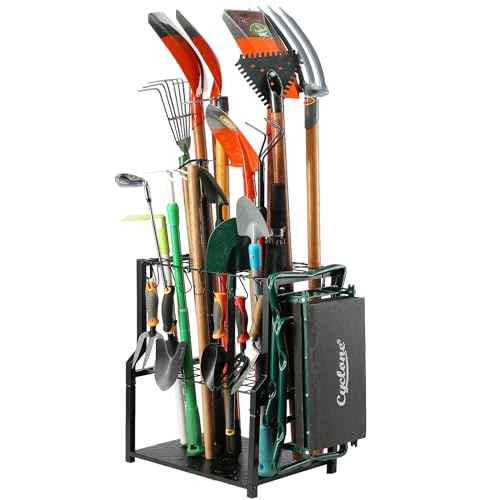 YueTong Garden Tool Organizer Heavy Duty,Yard Tool Tower Rack,Garage Storage Organization for Long Handle Tools,Rake,Brooms,Extra Hooks for Small Shovel,Shear.All Metal,Free Standing.