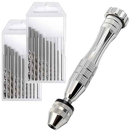 KINGFOREST Precision Pin Vise Hand Drill - Steel Manual Tool with 20-Piece Micro Bits (0.8-3mm) for Resin Casting Molds, Woodworking, Jewelry Making, Model Kits & Miniature Crafting (Silver)