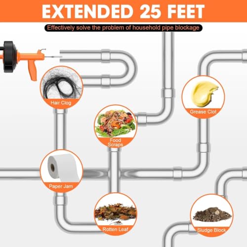 BACEYIOU Orange Auto Feed Drain Snake 25ft Flexible Plumbing Clog Remover