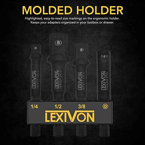 LEXIVON Impact Socket Adapter & Magnetic Bit Holder Set | 4 Pieces of 1/4-Inch Hex Shank Extension to 1/4", 3/8", and 1/2" Drive | Includes Organizer Rack (LX-104)