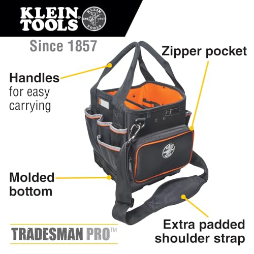Klein Tools 5541610-14 10-Inch Tool Tote Bag with Shoulder Strap, 40 Pockets, Durable Orange Interior