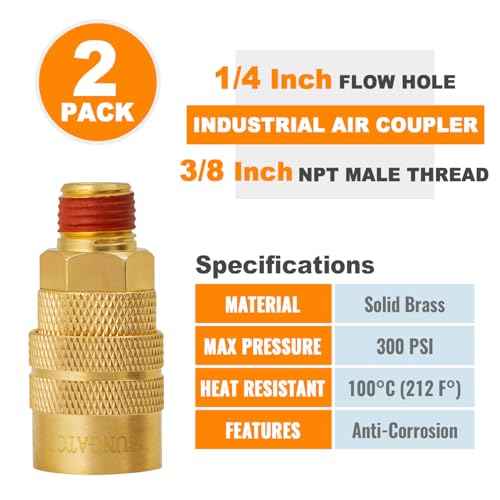 SUNGATOR 2 Pack 3/8'' Male NPT Industrial Air Couplers with 1/4'' Flow Hole, Brass 3/8'' MNPT Thread to 1/4'' Air Hose Fittings, Quick Connect Pneumatic Air Couplers with Pre-Coated Sealant