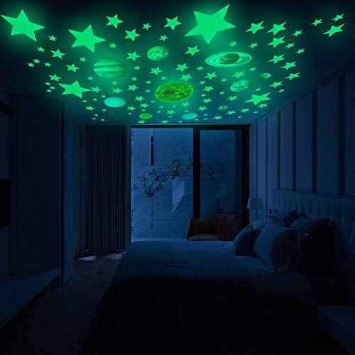 Glow in The Dark Stars and Planets Solar System Wall Decals, 110PCS Glowing Ceiling Spaceship Stars Wall Stickers, Best Gift for Kids Bedding Room Nursery Home Decoration Party Birthday(Small Size)