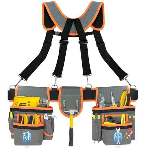 Tool Belts for Men with Magnetic Function, Large Capacity Carpenter Electrician Tool Belt with Suspenders for Men, Electrician Tool Pouch Bag with Adjustable Waist Size, Grey and Orange