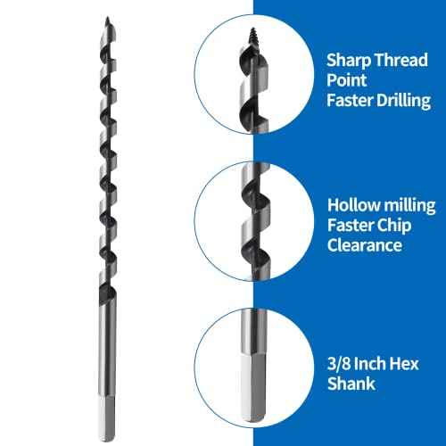 Litoexpe 1/2 Inch x 12 Inch Auger Drill Bit, 3/8-Inch Hex Shank Ship Auger Long Drill Bit for Wood, Plastic, Drywall and Composite Materials