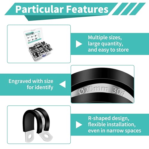 168Pcs 304 Stainless Steel Cable Clamps Kit, 6 Sizes (1/4"-3/4") Pipe Clamps with Rubber Cushioned Insulation, Wire Clamps for Electrical Wiring, Includes Screws & Screwdriver