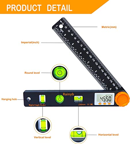 Rainyb 7-Inch Digital Angle Finder Protractor with LED Display, Horizontal/Vertical Levels, 0-360°
