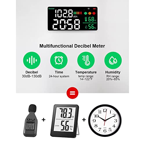 Decibel Meter 4-in-1 with 11in LED Display: Sound Level, Temp, Humidity & Time