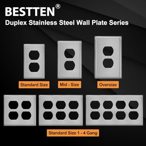 BESTTEN 10-Pack Metal Wall Plate for Outlets, 1 Gang Duplex, Brushed Stainless Steel