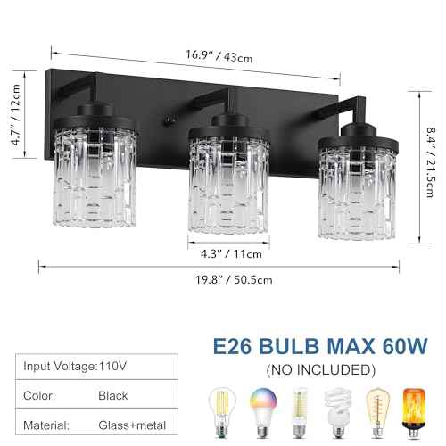 Black Vanity Light, 3 Light Crystal Modern Farmhouse Bathroom Lights, with Clear Glass Shade, Rustic Bathroom Light Fixtures, Black Bathrooms Wall Light Over Mirror for Living Room, Bedroom, Hallway