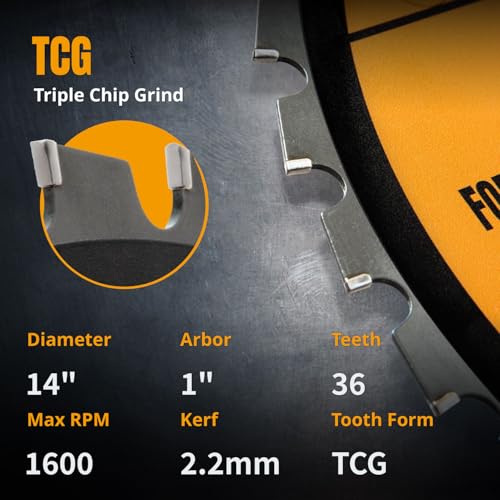 POWERTEC Multi-Material Cutting Blade - 14 inch Cold Saw Blade, 1" Arbor Metal Saw Blade, 36T TCG Cemented Carbide Teeth - Cuts Aluminum, Steel, Iron, Plastic & Wood - 1600 Max RPM - 14013
