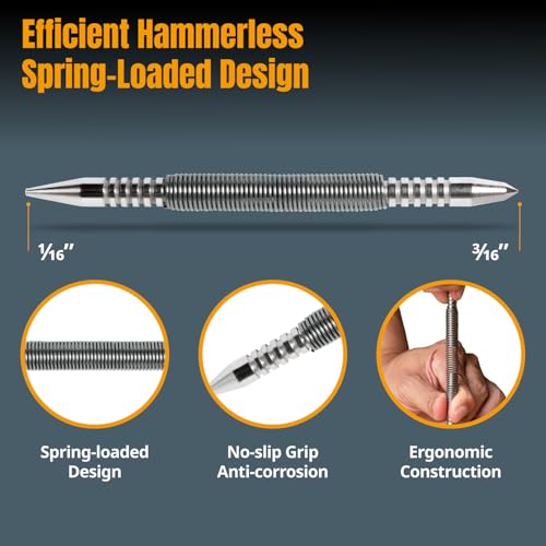 POWERTEC Dual Head Nail Setter & Center Punch, Spring Loaded 1/16" Nail Punch with 3/16" Center Punch, 5000 PSI Striking Force for Marking & Setting Proud Brad Nails, 1PK (71939)