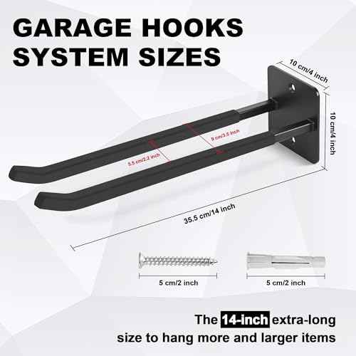 14 Inches Extra Large Garage Hooks, 4Pcs Heavy Duty Garage Wall Mount Organizer, Tool Hanger Long Utility Storage Hooks for Hanging Tire, Chair, Ladder, Garden Tools, Strollers and More