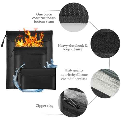 Fireproof Waterproof Document Bag 3-Pack Black 2000¢µ Money Bag for Cash Passports ID Cards Social Security Card Protector Waterproof Zipper Pouch Fire Proof Bank Bag Document Holder