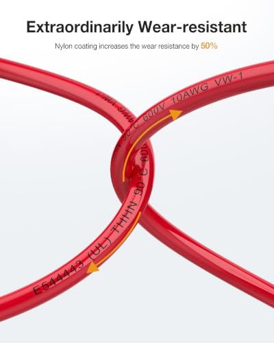 WotyWire Red 10 Gauge THHN Copper Wire 30FT - Stranded, Oxygen-Free, UL Certified