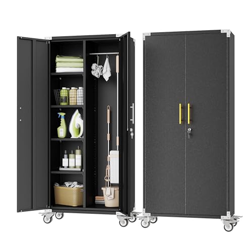 Pozdeg 71" Rolling Lockable Metal Broom Closet Cabinet, Black Gray, 15.7"D x 31.5"W x 71"H