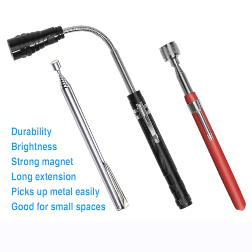Telescopic Magnetic Pickup Tool Set, 10LB Magnet Pickup 30", 2LB Telescoping Pocket Magnet 25", Extendable LED Magnet Stick Tool 22" for Screws Nuts Pins