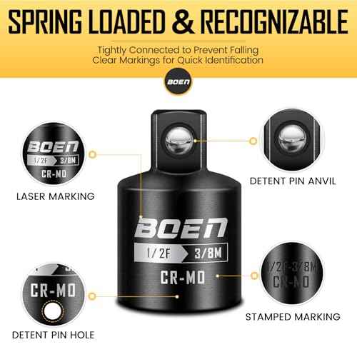 boen 2-Pieces Impact Socket Adapter and Reducer Set, 3/8"F to 1/2"M Adapter & 1/2"F to 3/8"M Reducer, Standard Square Driver & Wrench Conversion Kit, CR-MO Steel