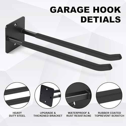 14 Inches Extra Large Garage Hooks, 4Pcs Heavy Duty Garage Wall Mount Organizer, Tool Hanger Long Utility Storage Hooks for Hanging Tire, Chair, Ladder, Garden Tools, Strollers and More